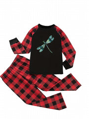 Plus Size Dragonfly & Plaid Print Pajama Set Raglan Tee & Pants Lounge Set