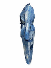 Denim Print Button Up Long Sleeve Wide Leg Jumpsuit