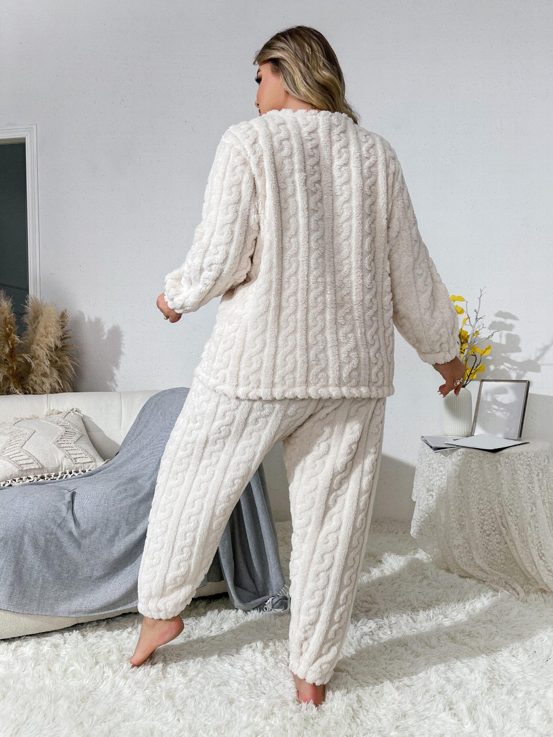 Flannel Pajama Set Solid Textured Top & Pants Lounge Two Piece