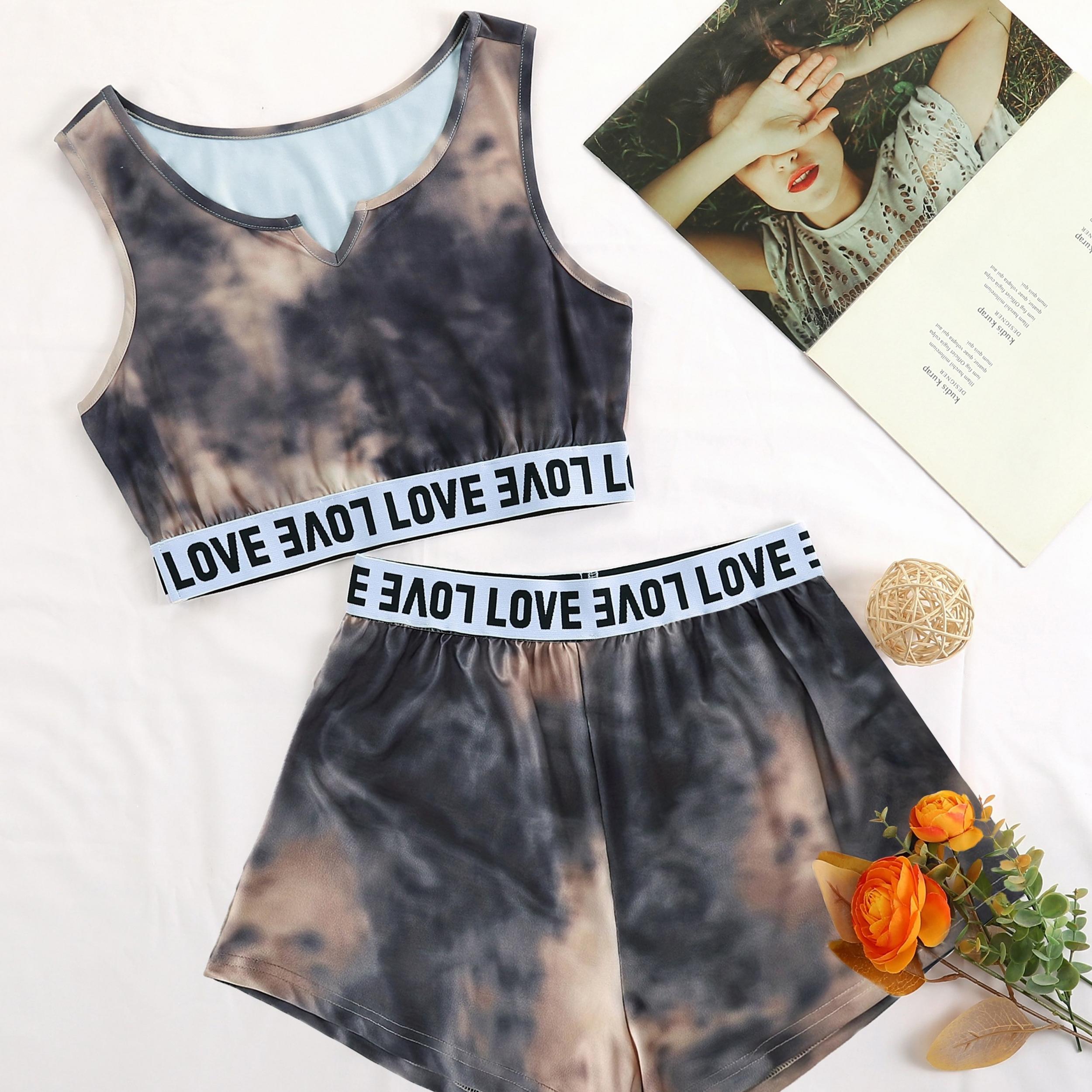 Tie Dye Pajama Set V Neck Tank Top & Shorts