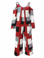 Geometric Print Cold Shoulder Long Sleeve Jumpsuit