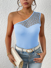 Heart Print Mesh Top One Shoulder Sexy Sleeveless Asymmetrical Top