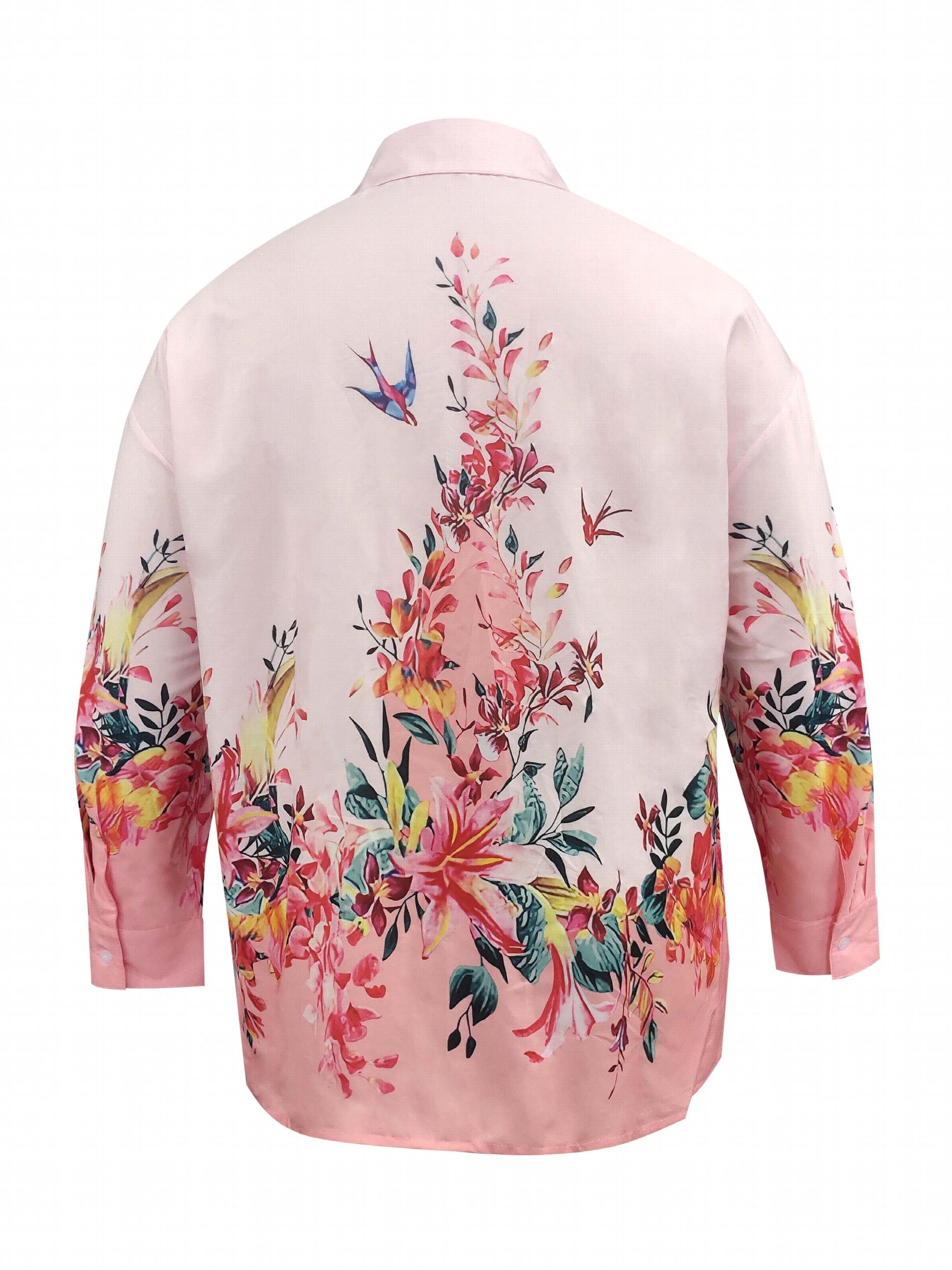 Blouse Women's Plus Bird Print Long Sleeve Button Up Tunic Top