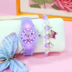 Girls' Quartz Watch & Bracelet Set LED Glow in Dark Butterfly Beads