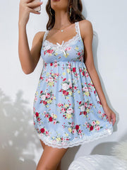 Floral Print Slip Nightdress Lace V Neck Sleep Dress