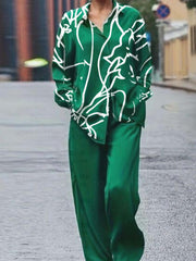2 Piece Set: Button Up Blouse & Wide Leg Pants