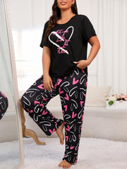 Heart & Art Print Tee & Pants Pajama Set