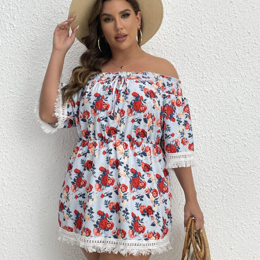Vacay Blouse Women's Plus Shirred Rose Print Off Shoulder Tie Blouse