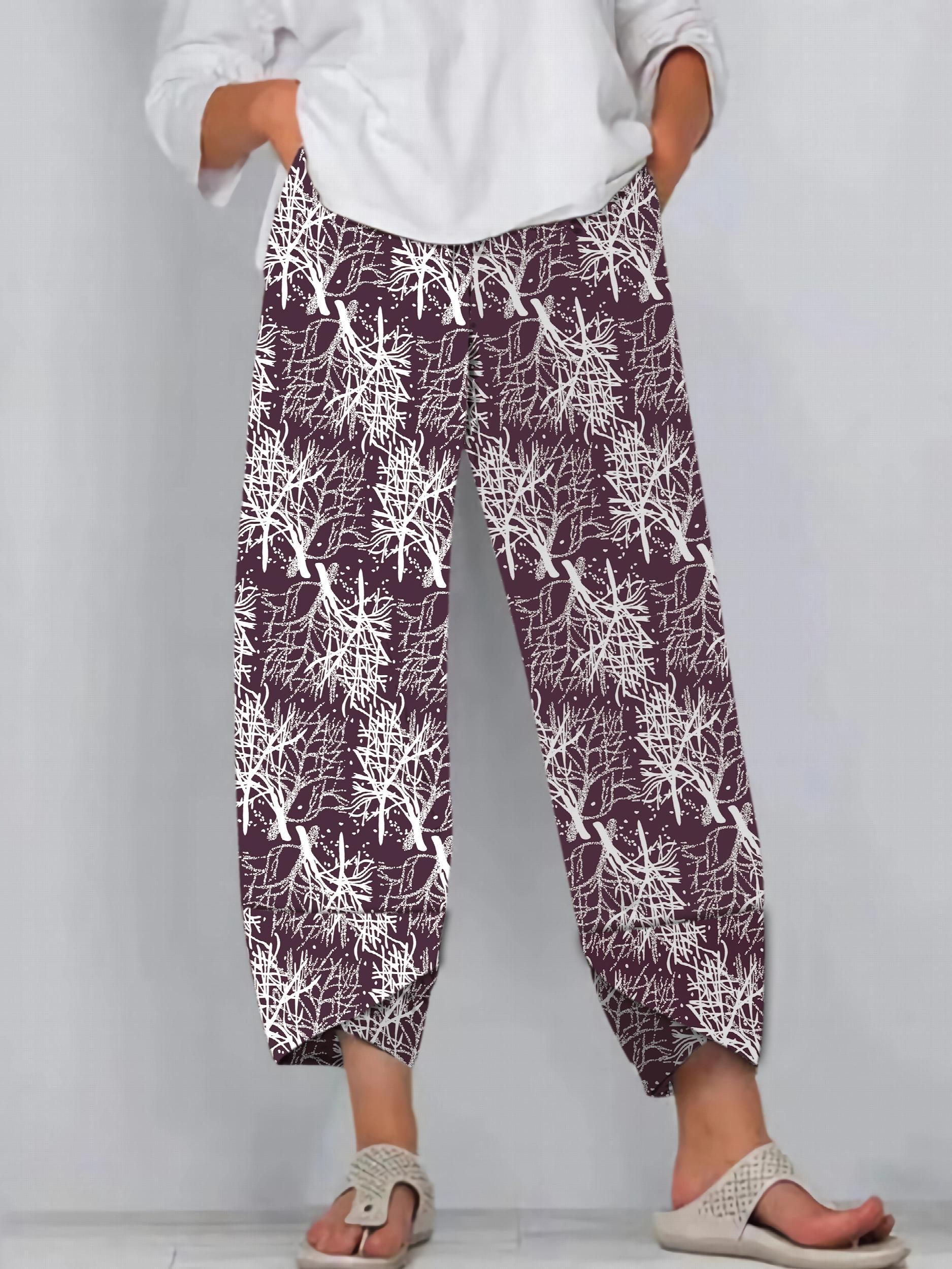 Plant Print Elastic Waist Loose Pants for Spring & Summer