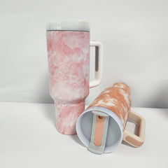 40oz Marble Printed Vacuum Flask Stainless Steel Tumbler w/ Straw & Handle
