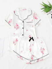 Floral Print Pajama Set Short Sleeve Top & Bow Shorts