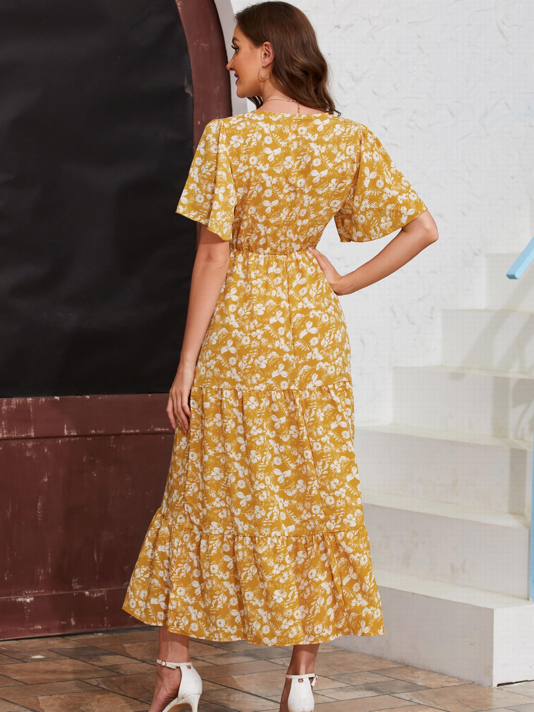 Floral Print High Waist Dress Maxi Casual Dress Women's
