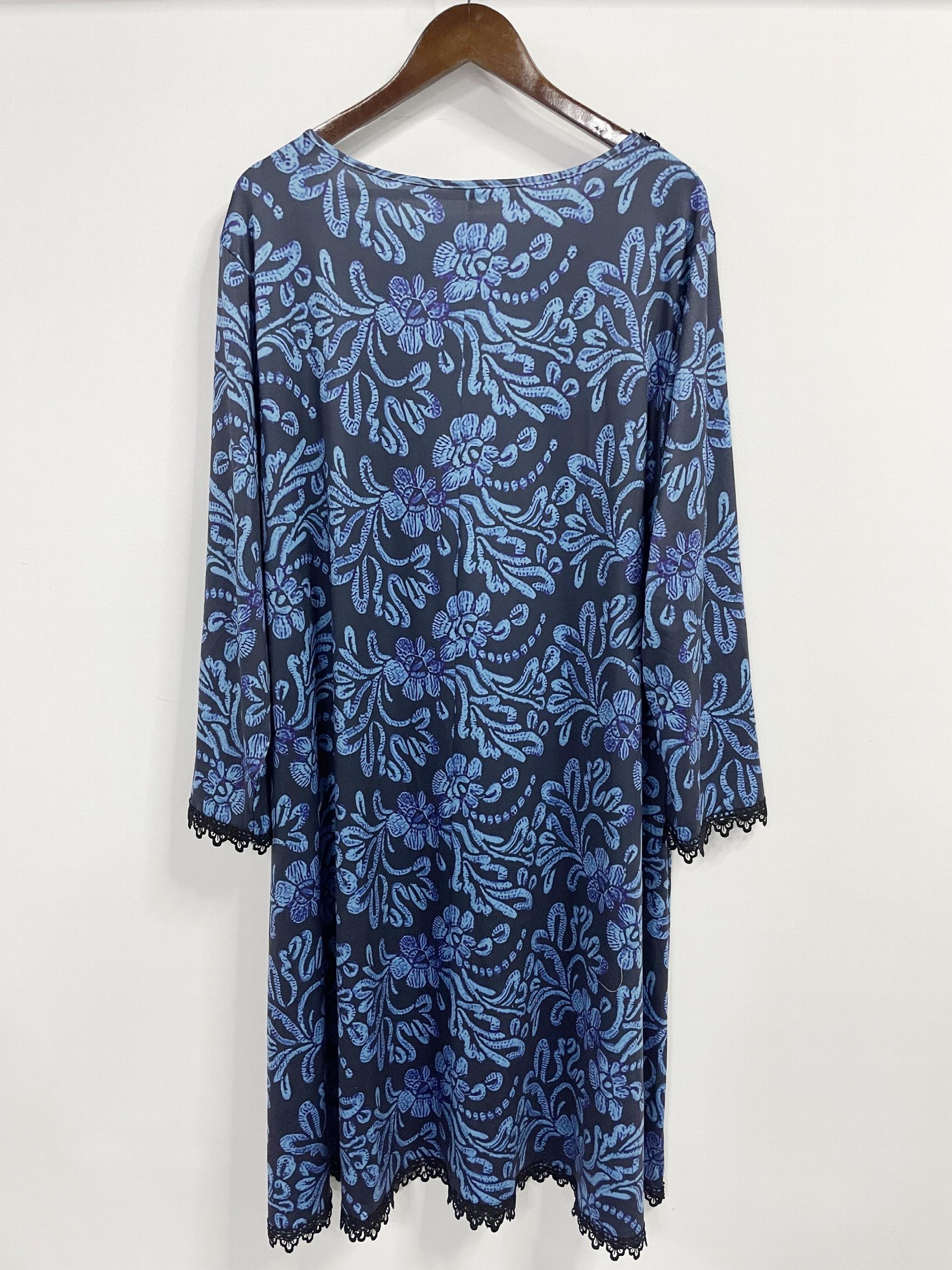 Women's Plus Floral Print Lace Trim Half Sleeve V Neck Dress