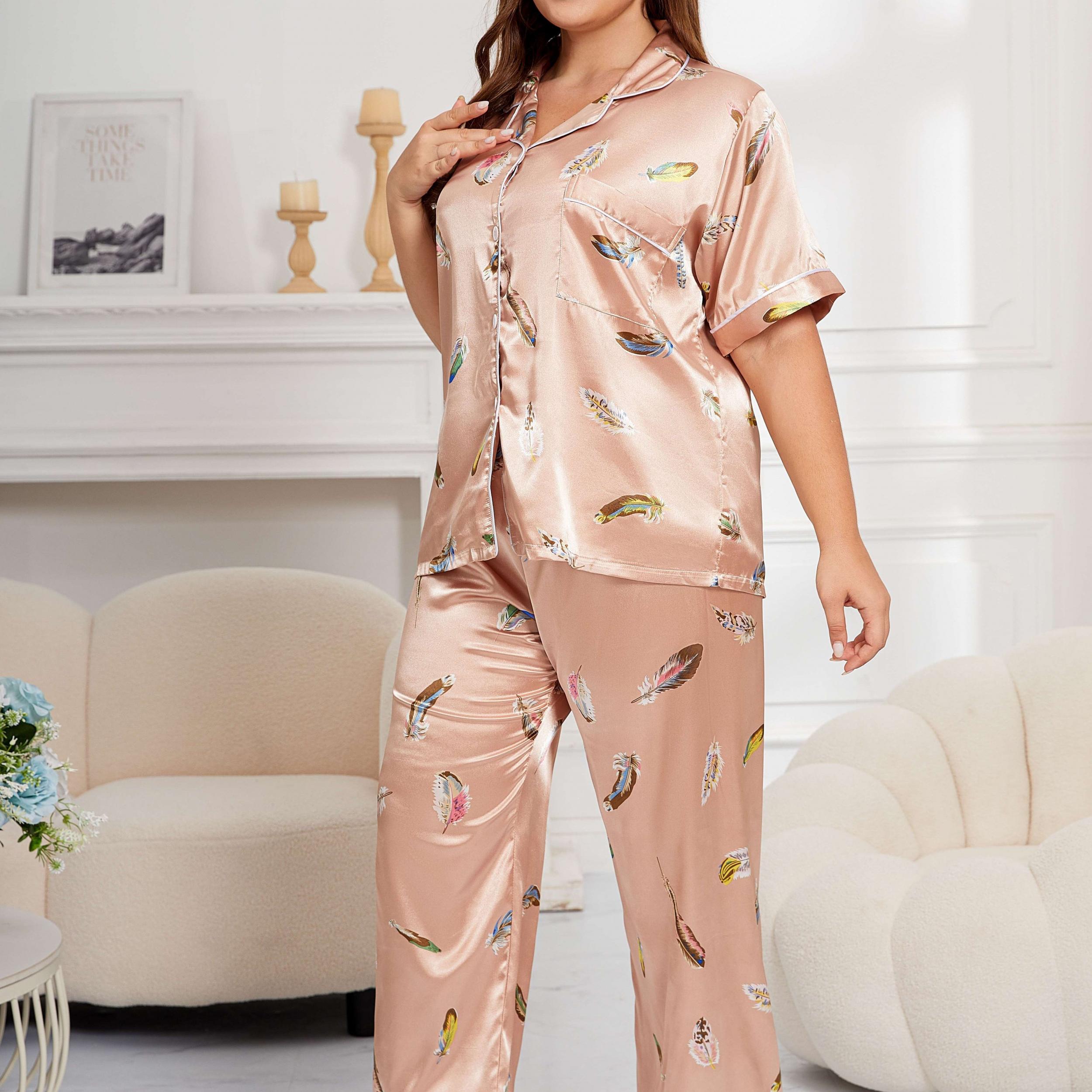 Feather Print Button Up Shirt & Pants Pajama Set