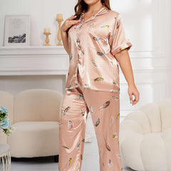 Feather Print Button Up Shirt & Pants Pajama Set