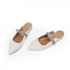 Women's Pointed Toe Rhinestone Flat Mules Slip On Backless Sandals