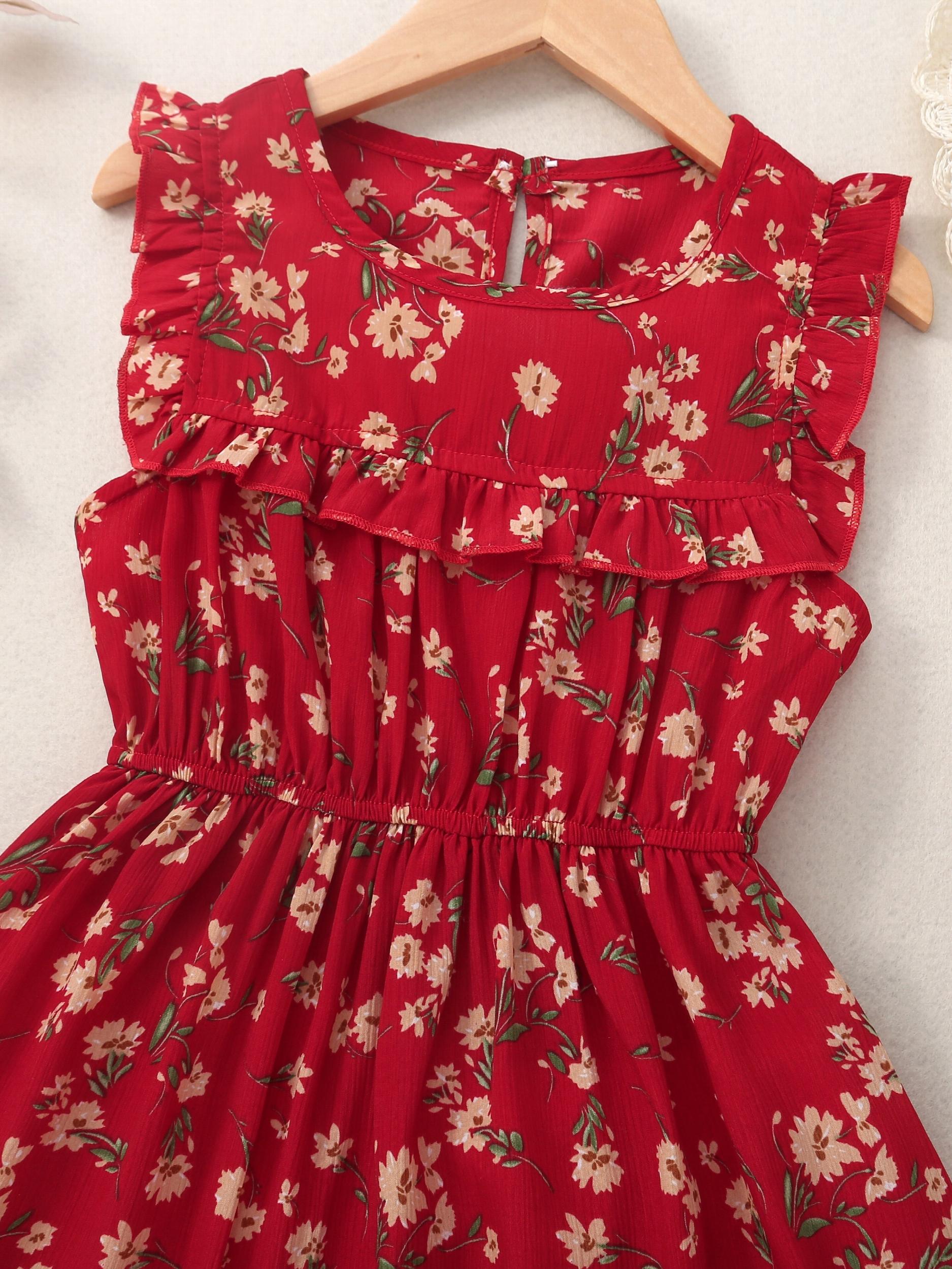 Girls Sweet Floral Ruffled Dress Sleeveless Ditsy Dress