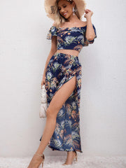 Boho Tropical Print Two piece Set Off Shoulder Crop Top & Split Pants