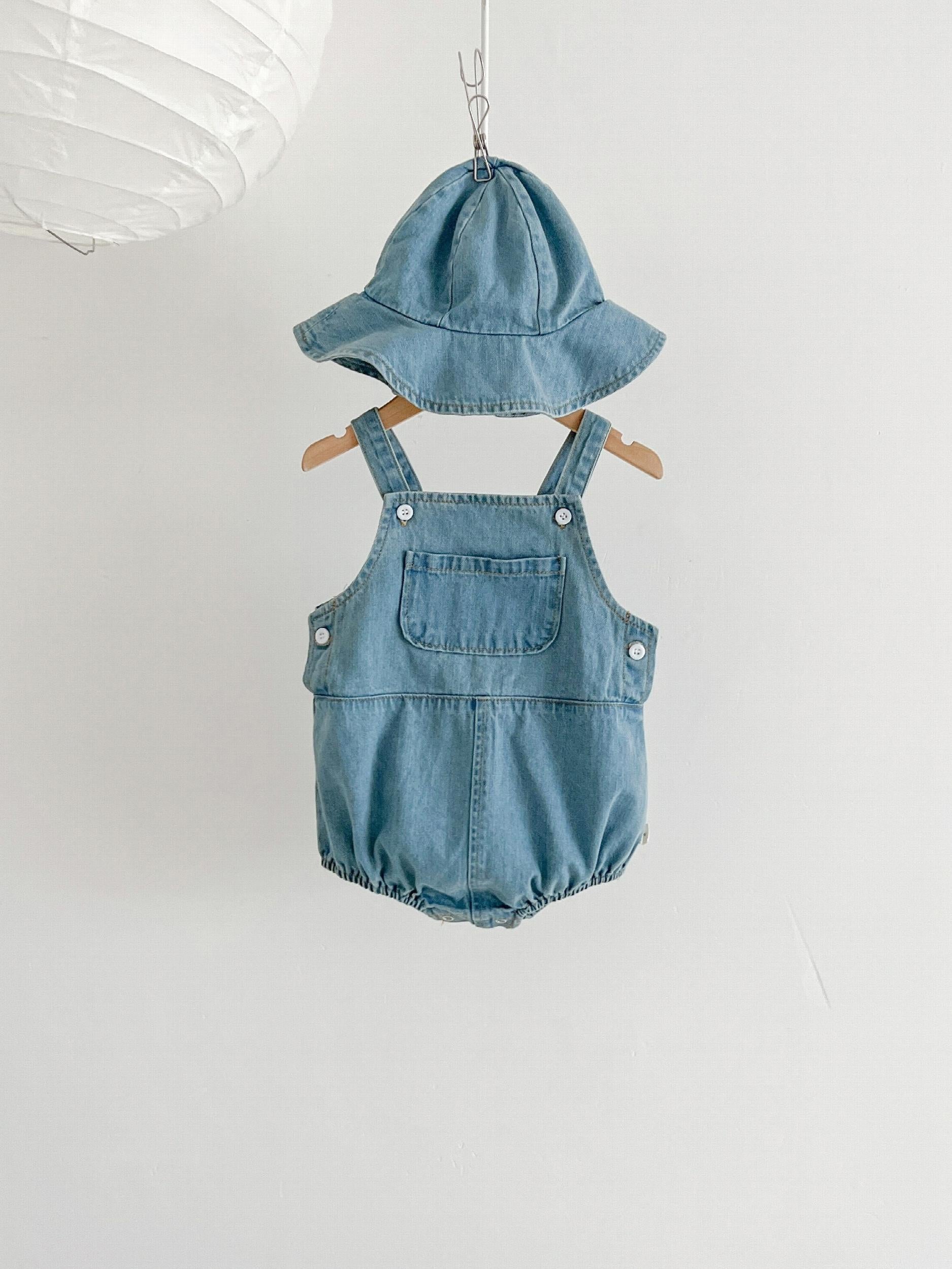 Baby Denim Triangle Bodysuit Hat 2pcs Set Girls Summer Outfit