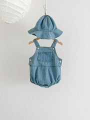 Baby Denim Triangle Bodysuit Hat 2pcs Set Girls Summer Outfit