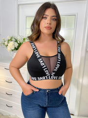 Sexy Bra Contrast Letter Tape Mesh Full Cover Semi Sheer Bra
