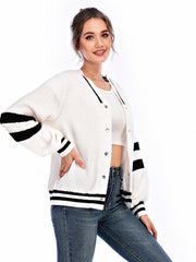 Striped Print Button Front Preppy Jacket V Neck Long Sleeve Outerwear