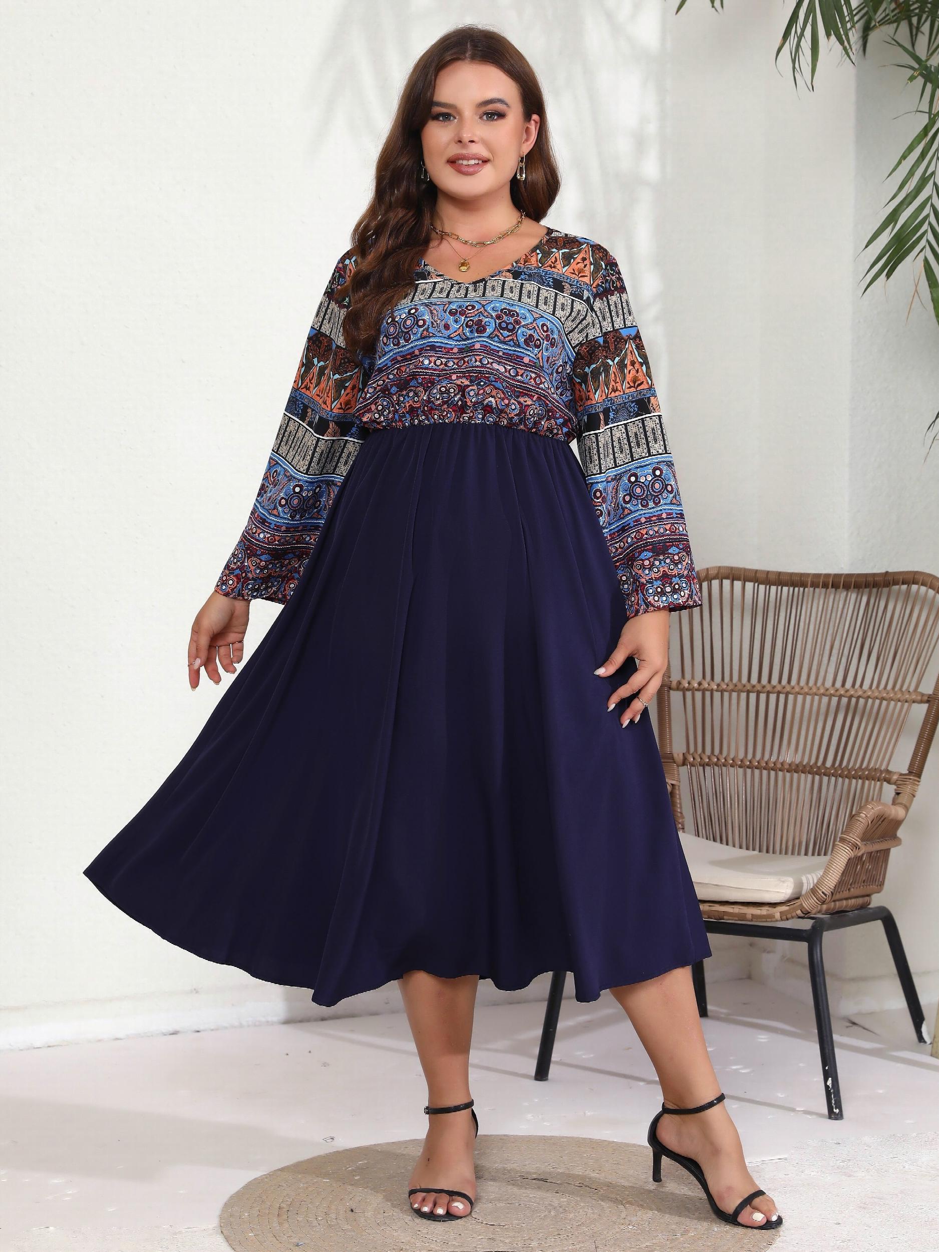 Colorblock Tribal Print Long Sleeve V Neck Maxi Dress