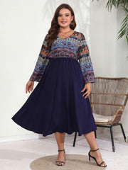 Colorblock Tribal Print Long Sleeve V Neck Maxi Dress