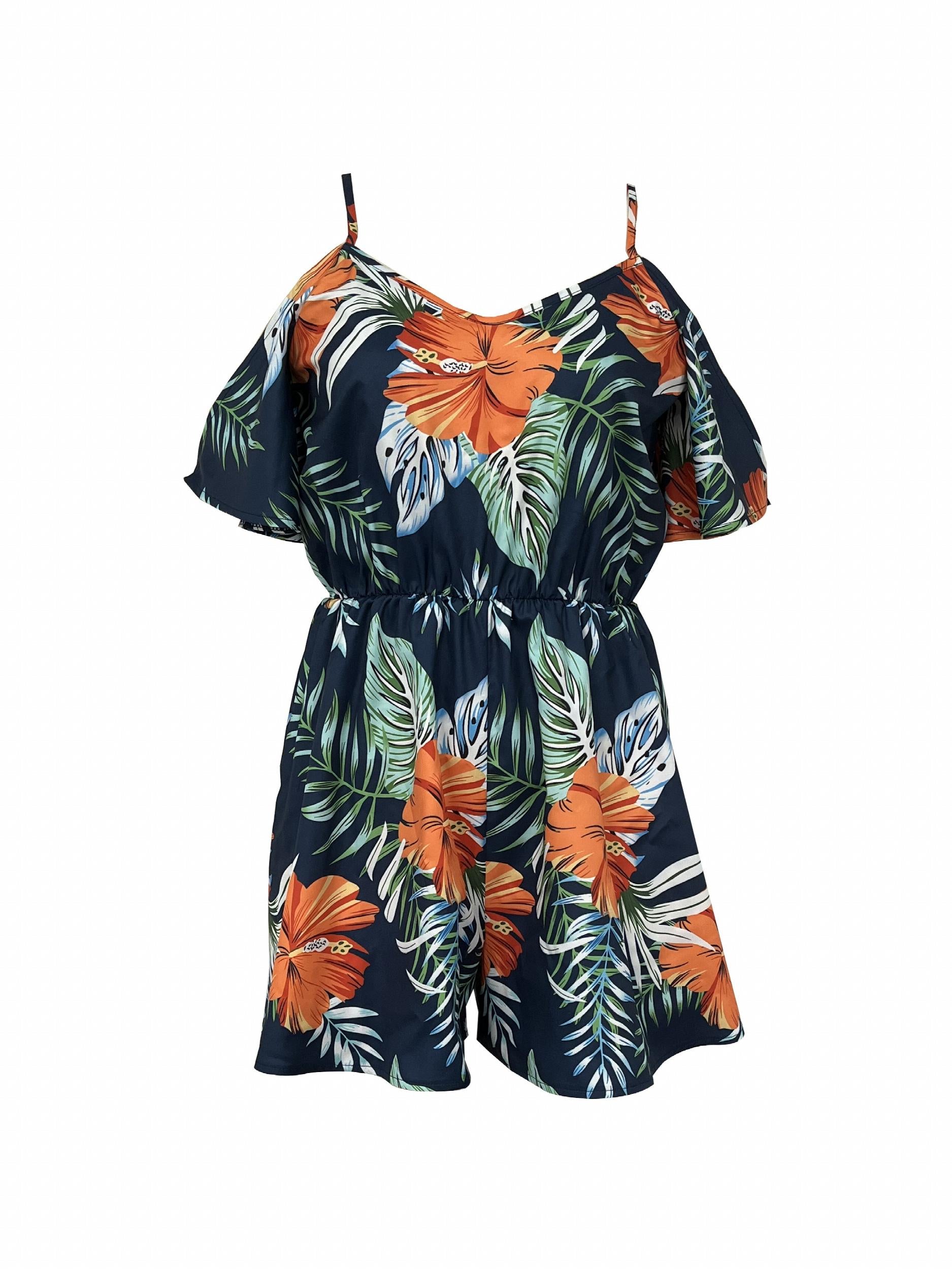 Tropical Print Romper Jumpsuit Cold Shoulder Beach Wear