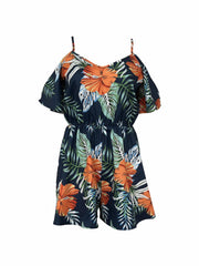 Tropical Print Romper Jumpsuit Cold Shoulder Beach Wear