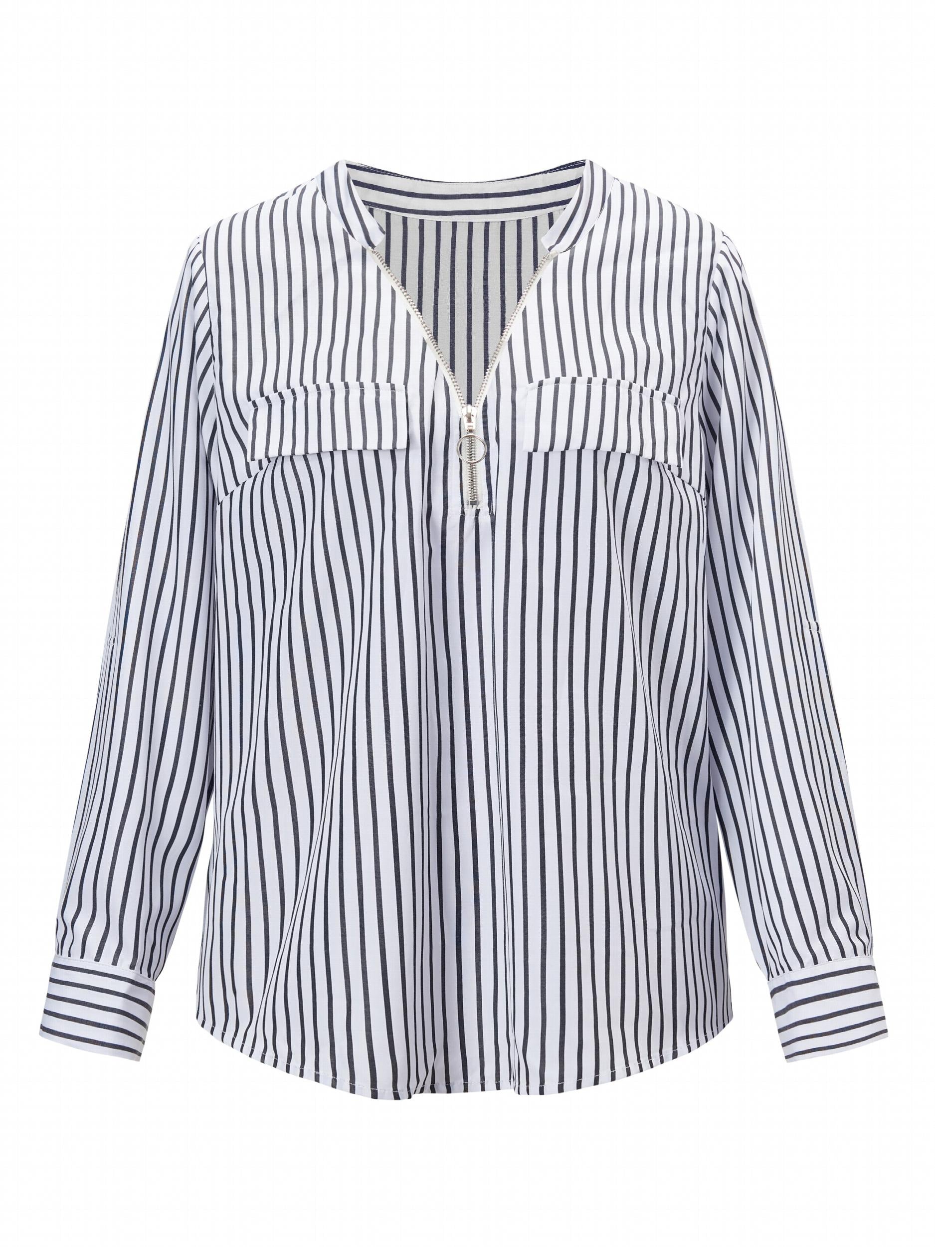 Stripe Print Half Zipper Long Sleeve V Neck Top