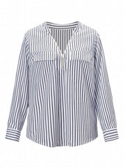 Stripe Print Half Zipper Long Sleeve V Neck Top