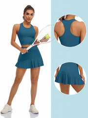 2pcs Racerback Sports Top & Ruffled Tennis Skorts Set