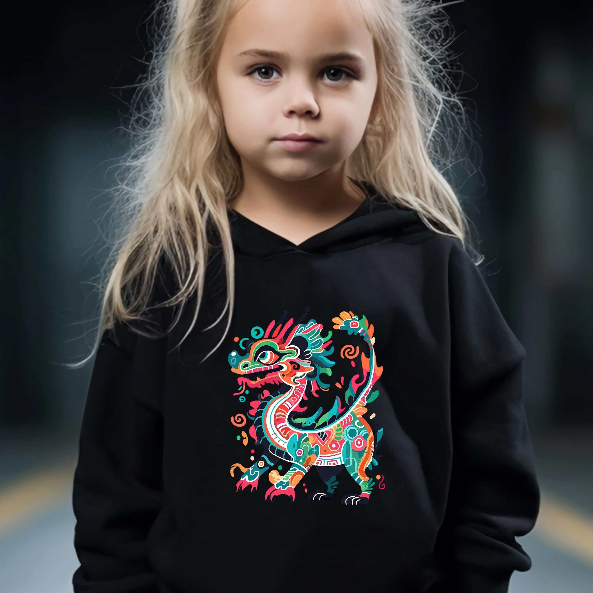 Kid's Chinese Dragon Print Hoodie & Pants Set Girl's Sporty Clothes