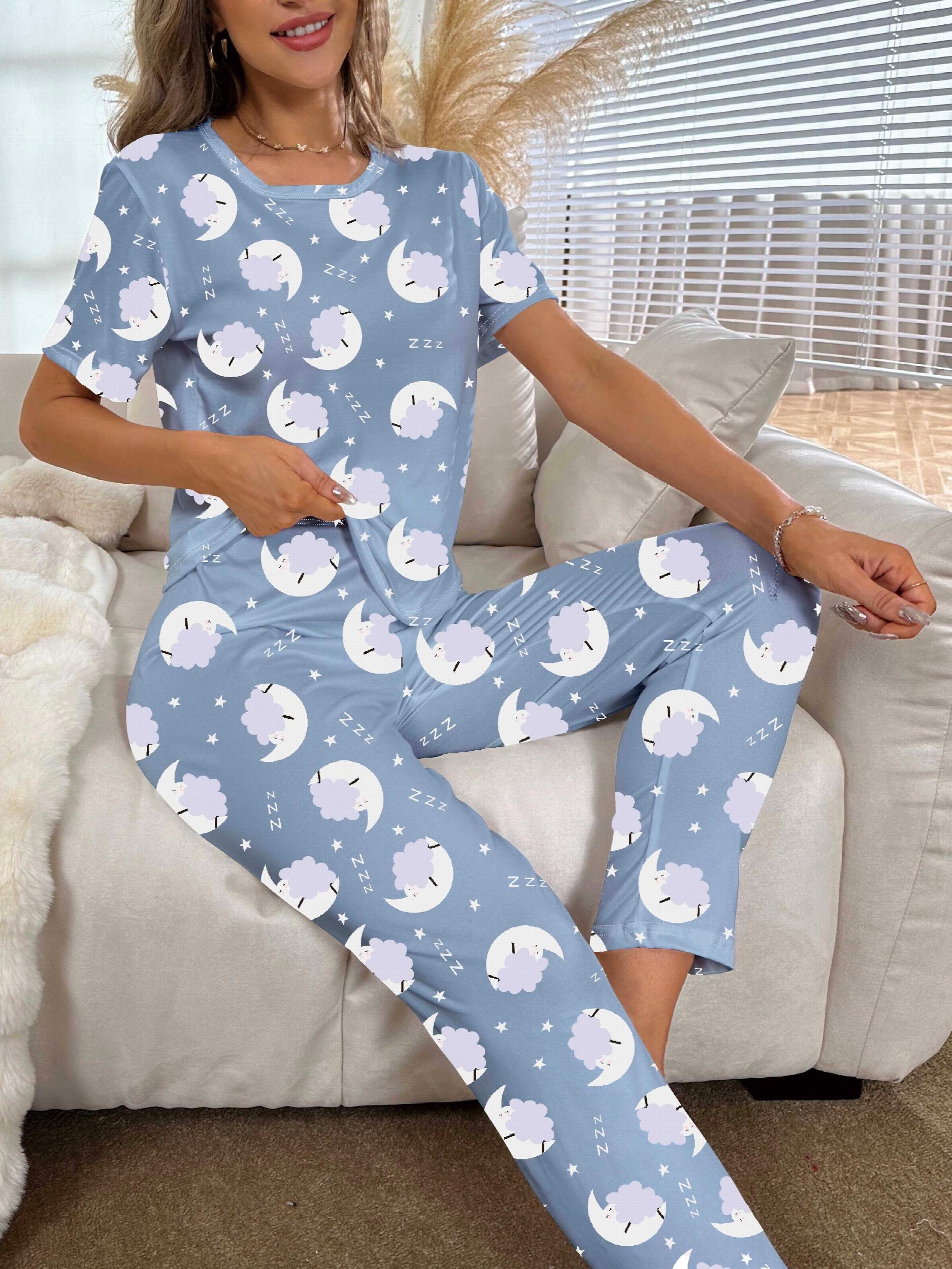 Moon & Cloud Pajama Set Short Sleeve Top & Pants Women's Sleepwear
