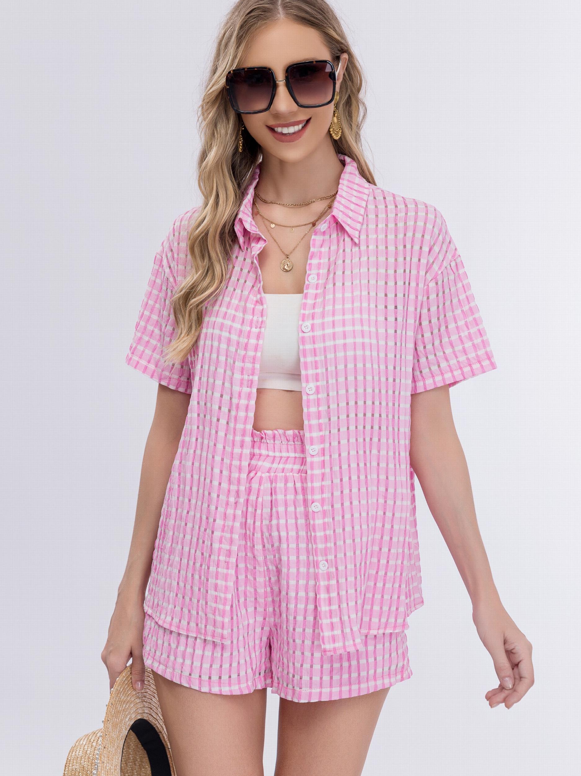 Plaid Pattern Two piece Set Polo Collar Top & Shorts