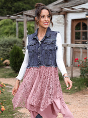 Washed Denim Vest Jacket With Lace Embroidery