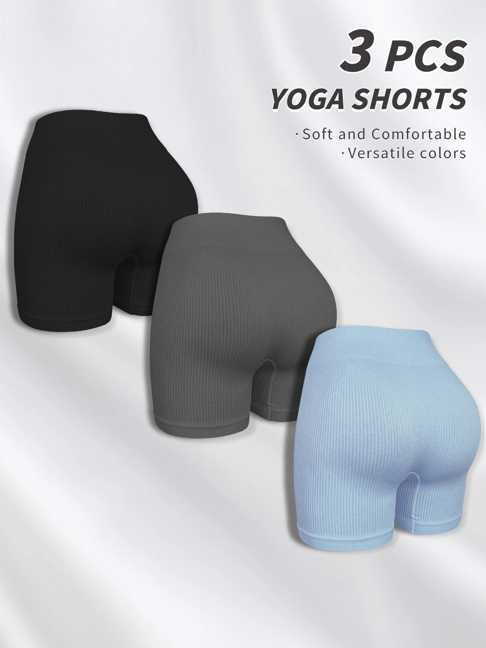 3pcs Ribbed Solid Yoga Sports Shorts High Waist