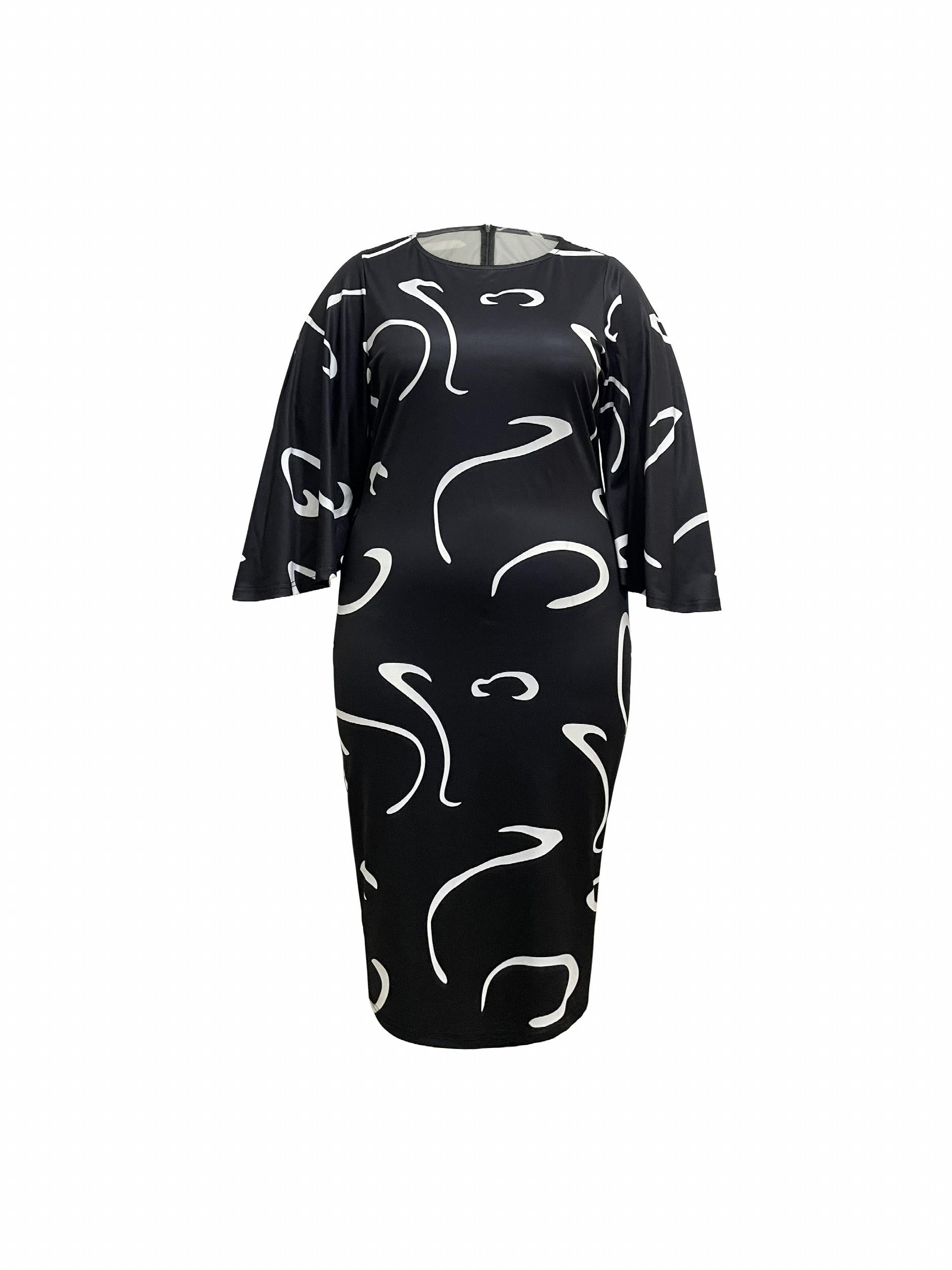 Graffiti Print Bell Sleeve Round Neck Dress