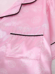 Rose Print Satin Pajama Set Short Sleeve Top & Shorts