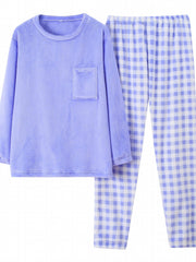 Gingham Flannel Pajama Set Women's Round Neck Sleepwear