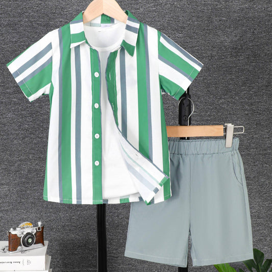 Vertical Stripe Pattern Boy's 2pcs Short Sleeve Shirt & Shorts Set