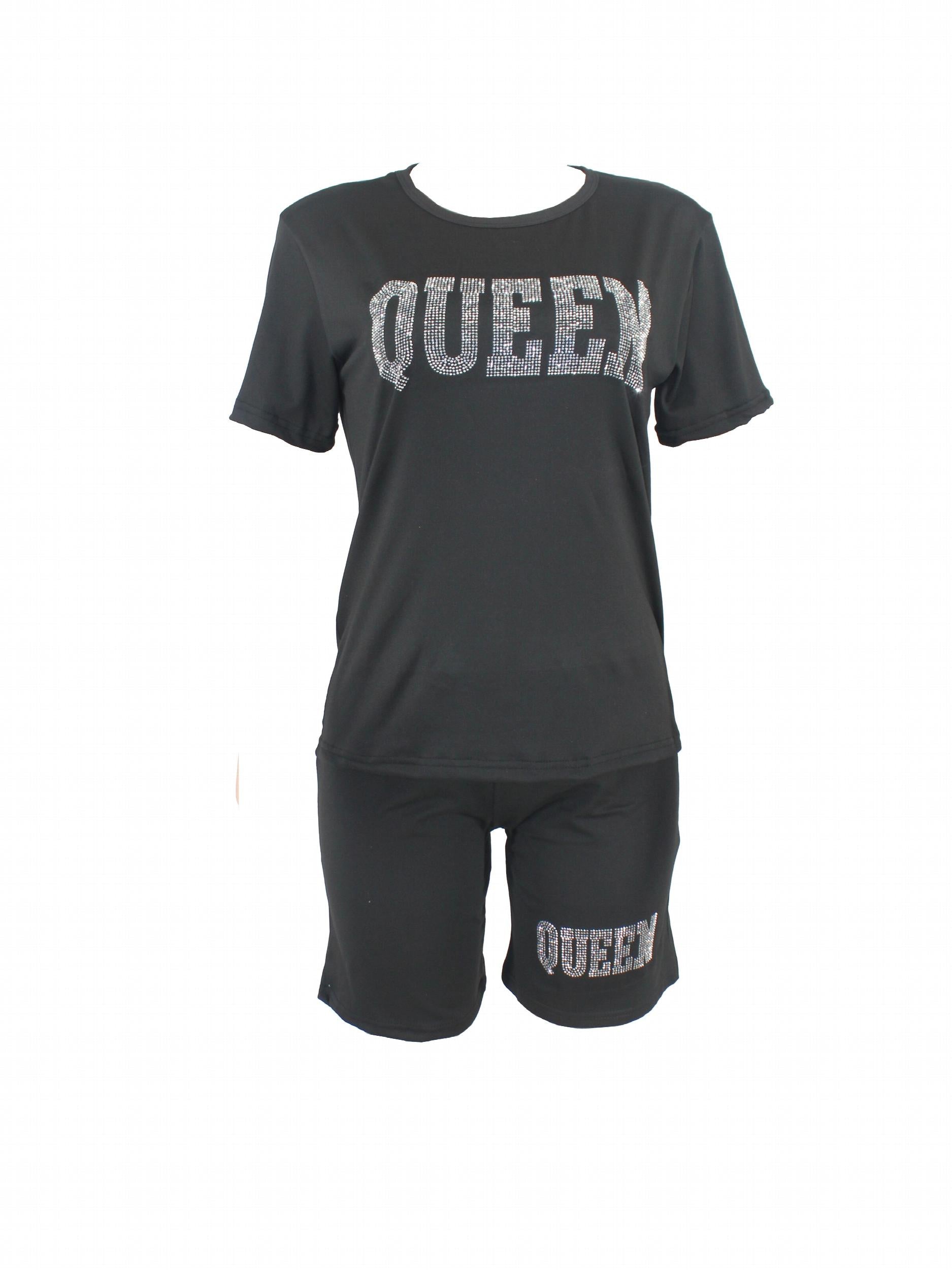 Rhinestone Queen 2Pc Set Crew Neck T-shirt & Shorts Women's Outfits