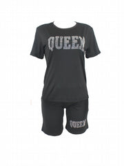 Rhinestone Queen 2Pc Set Crew Neck T-shirt & Shorts Women's Outfits