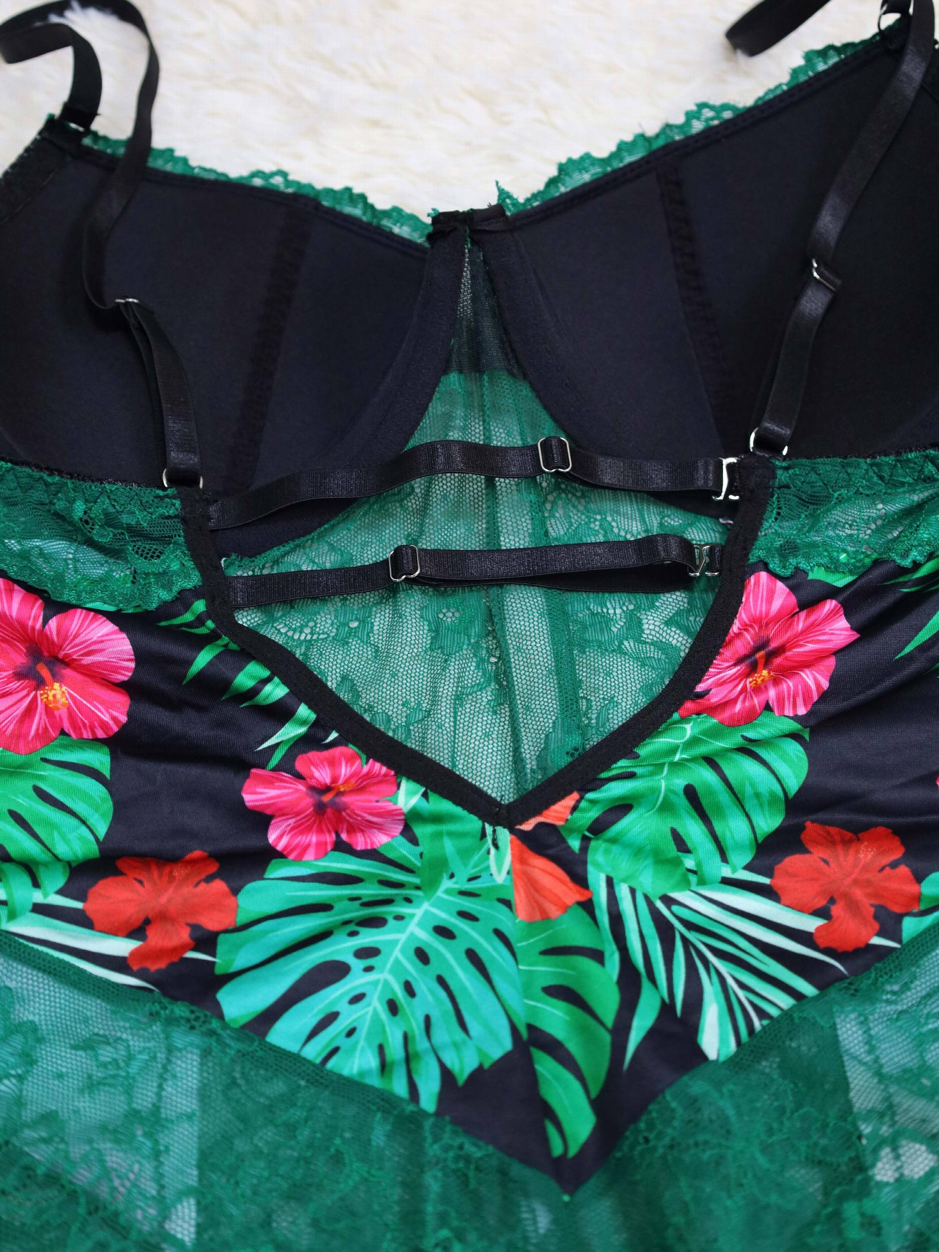 Tropical Print Lace Underwire Teddy Bodysuit