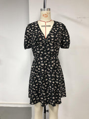 Floral Print V Neck Dress Short Sleeve Casual Spring Summer Women's Clothing