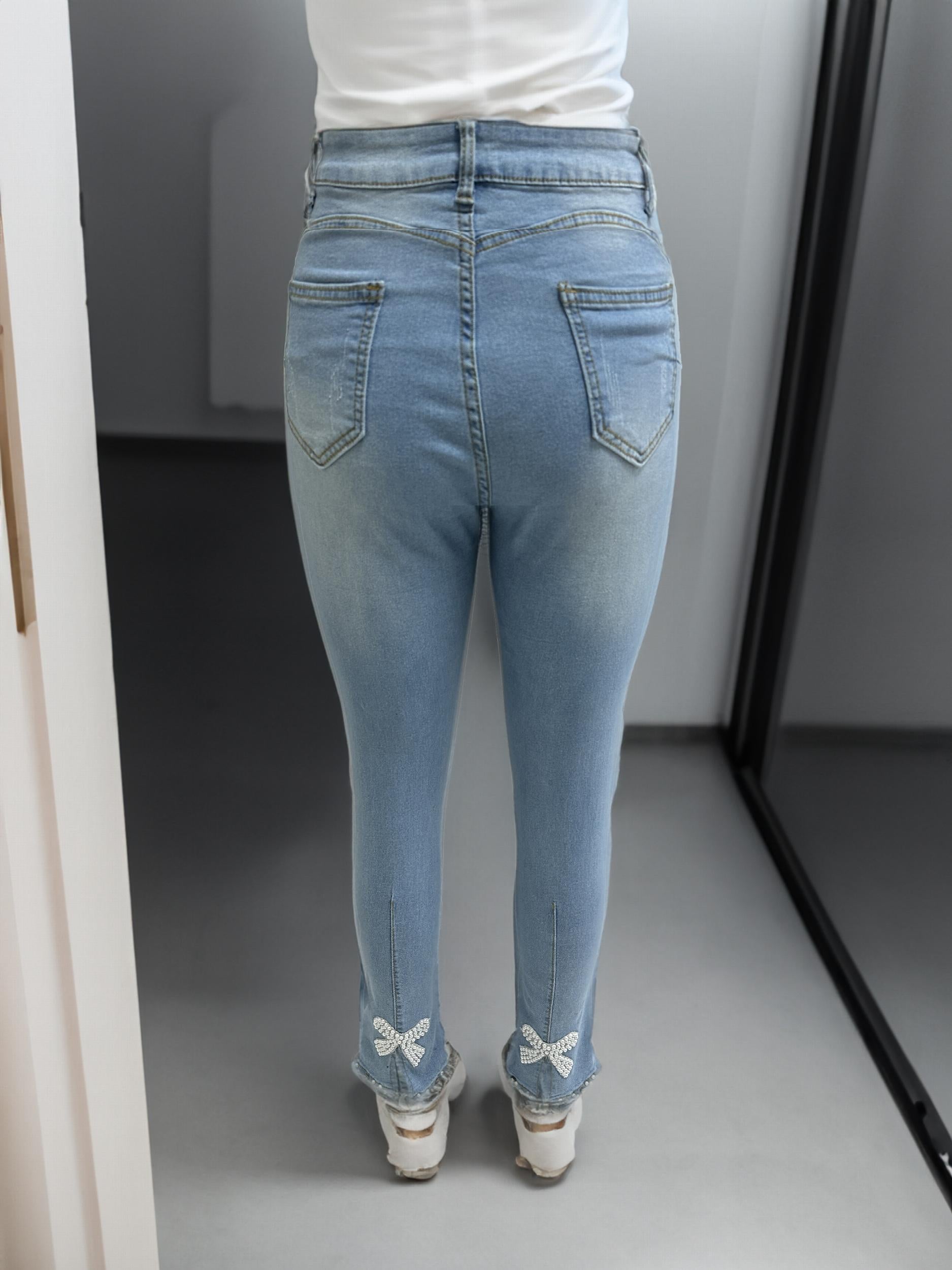 High Stretch Skinny Jeans Faux Pearl Decor Slim Fit Split Denim Pants