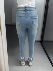 High Stretch Skinny Jeans Faux Pearl Decor Slim Fit Split Denim Pants
