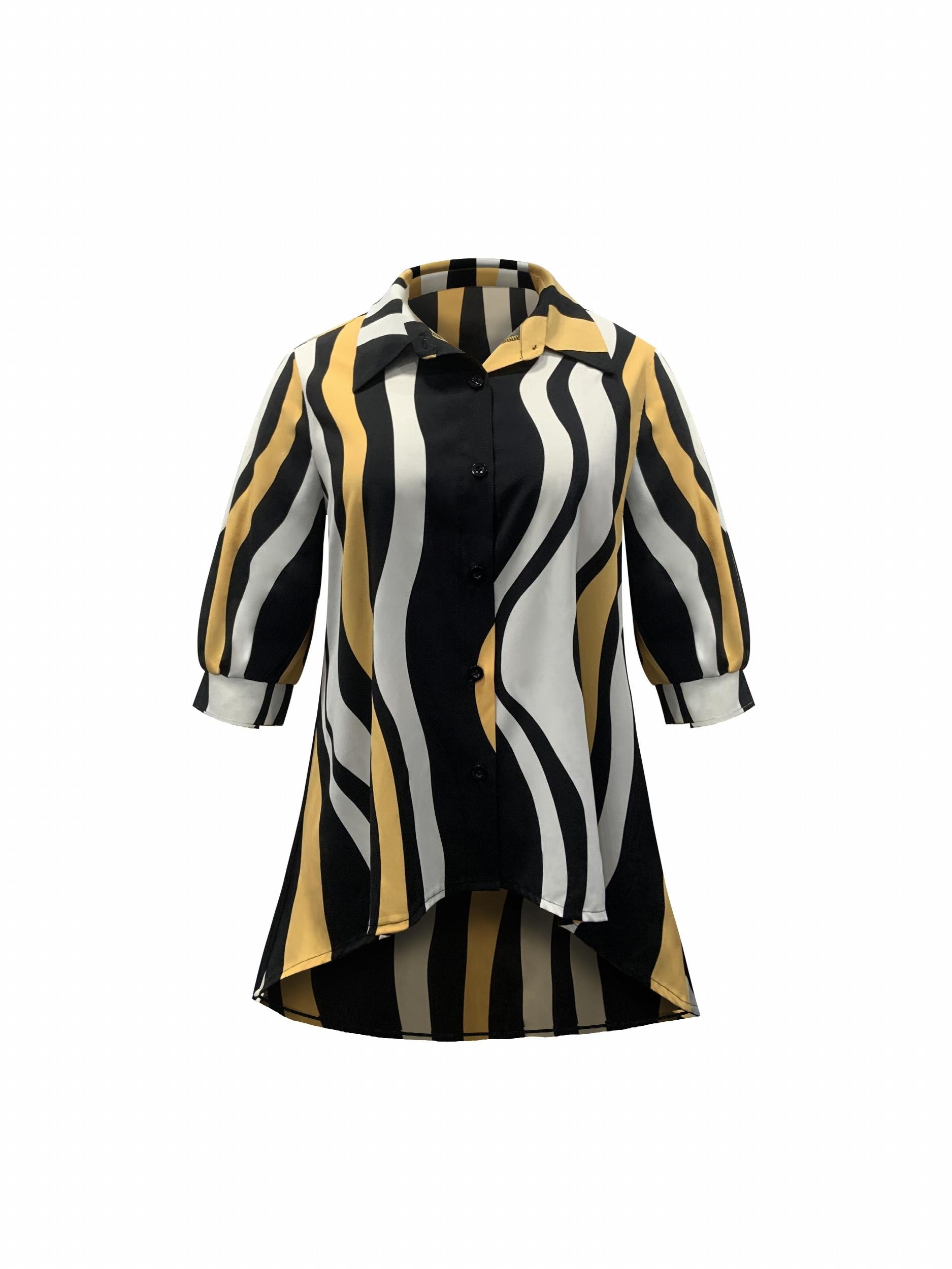 Colorblock Stripe Print Button Up Short Sleeve Blouse