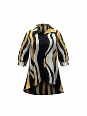 Colorblock Stripe Print Button Up Short Sleeve Blouse